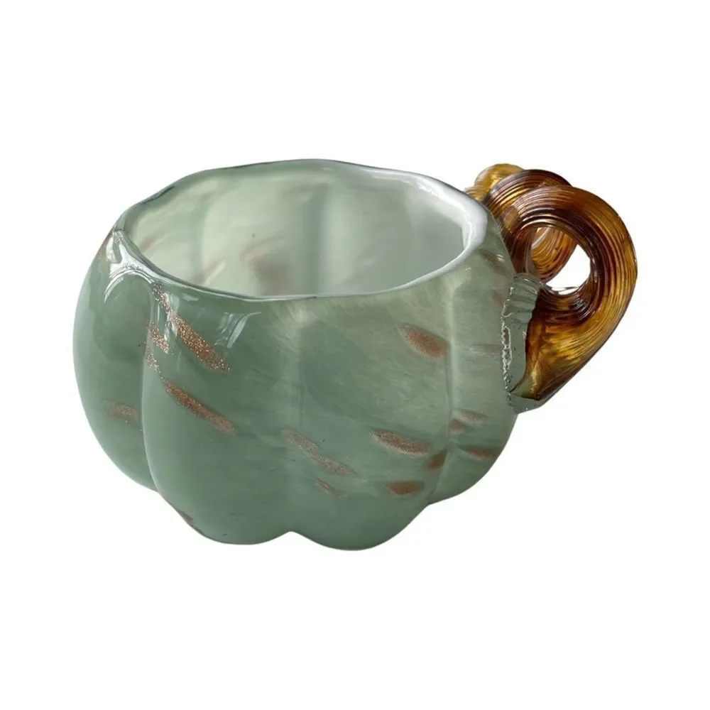 Hand Blown Art Glass Deco Pumpkin Bowl Vase Green Swirl  Metallic Accents NWT